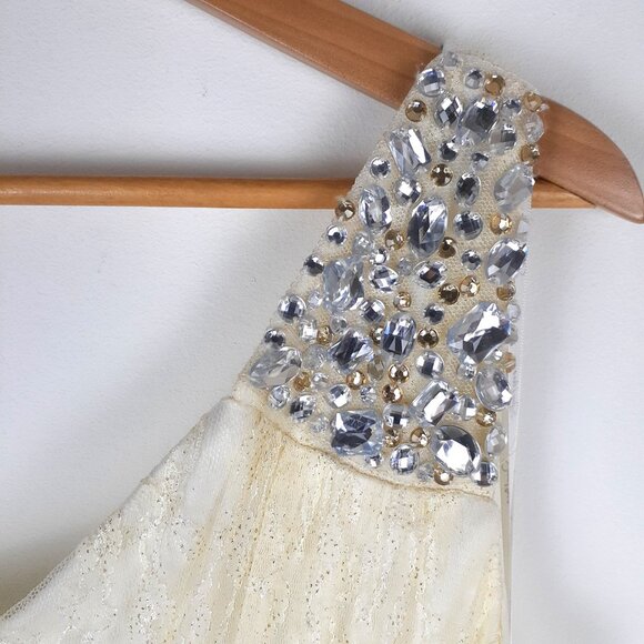 Ivory Lace Gown Size 5. Fairy Greek goddess one shoulder rhinestones prom formal - Picture 3 of 14